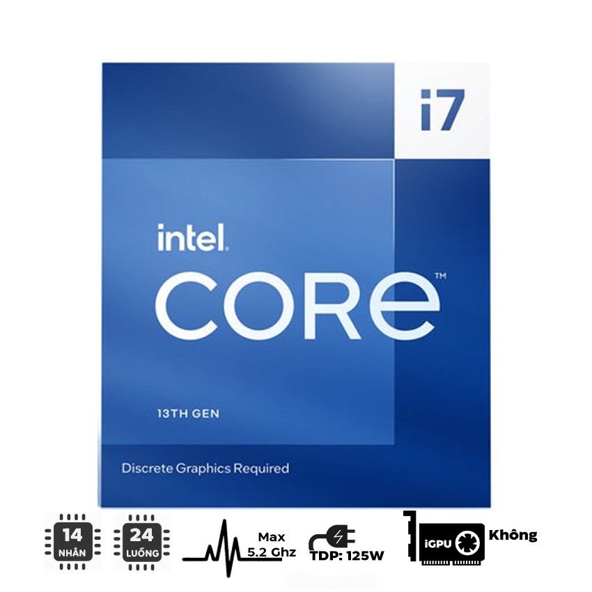 CPU INTEL CORE I7 13700KF (UP TO 5.2GHZ, 16 NHÂN 24 LUỒNG, 30MB CACHE, 65W) - SOCKET INTEL LGA 1700/RAPTOR LAKE)